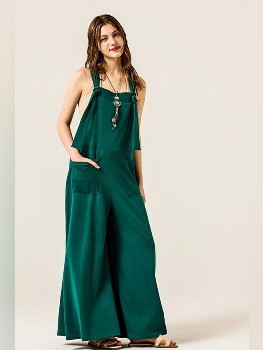 A3-0612 Slouchy Overall Wide Leg Jumpsuit Casual Boho Jumpsuit - Emerald Green